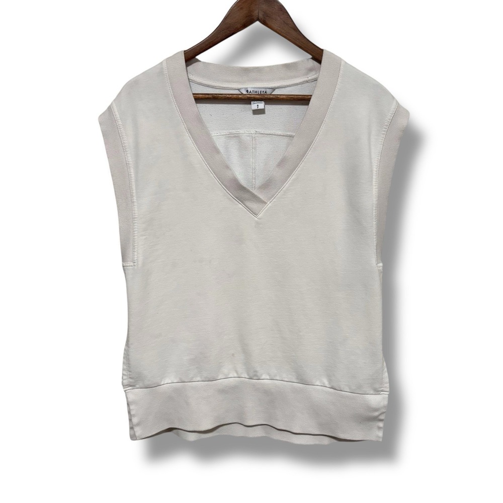 Athleta Women's V Neck Sleeveless Vest Ivory *Stained Size Small 19 x 26.5